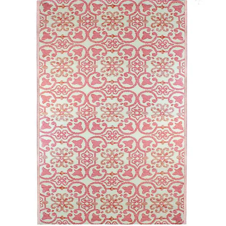 Kirklands Home Pink and Cream Floral Tile Outdoor Area Rug, 4x6 Clearance