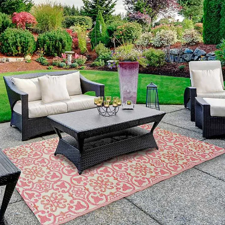 Kirklands Home Pink and Cream Floral Tile Outdoor Area Rug, 4x6 Clearance