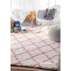 Kirklands Home Pink and White Iliza Trellis Area Rug, 5x8