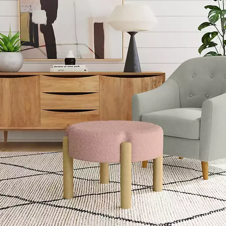 Kirklands Home Boucle Natural Wood Ottoman Pink Clearance