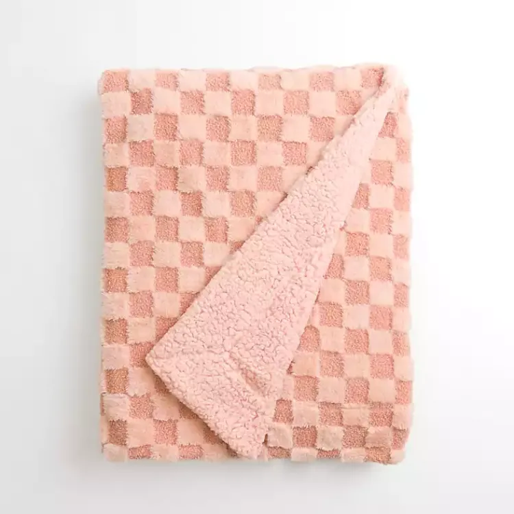 Blankets & Throws>Kirklands Home Faux Fur and Boucle Checkerboard Throw Pink