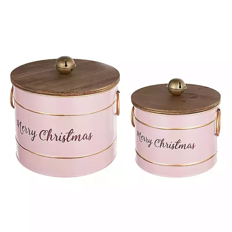 Christmas Decorations>Kirklands Home Iron Merry Christmas Lidded Baskets, Set of 2 Pink