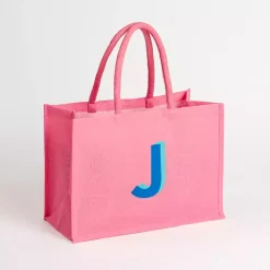 Monogram Seasonal Decor>Kirklands Home Monogram J Jute Tote Bag Pink
