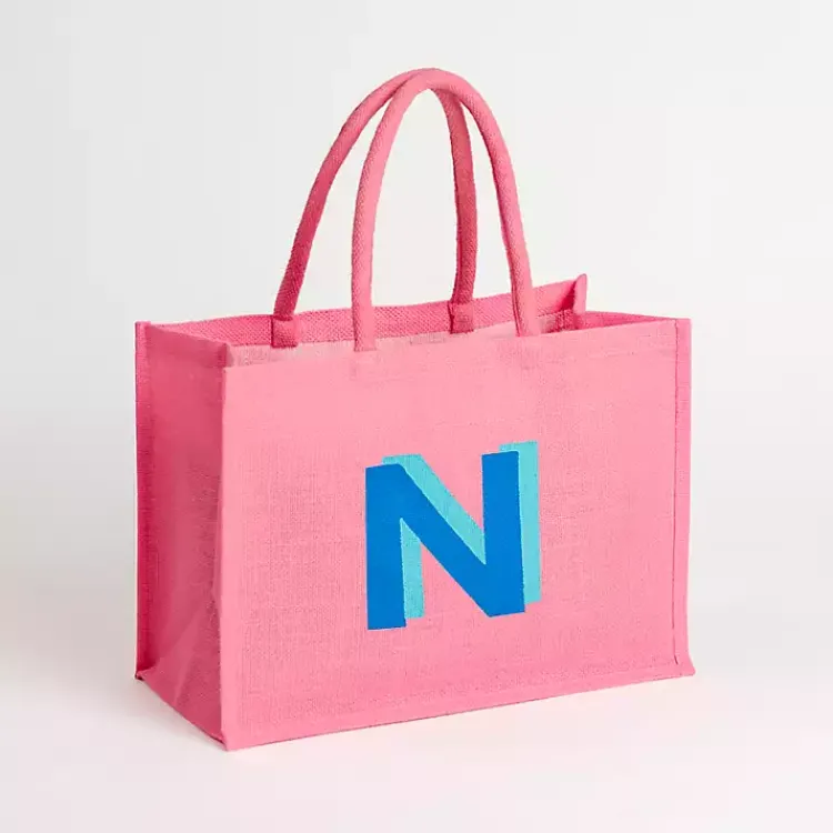 Monogram Seasonal Decor>Kirklands Home Monogram N Jute Tote Bag Pink