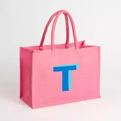 Monogram Seasonal Decor>Kirklands Home Monogram T Jute Tote Bag Pink