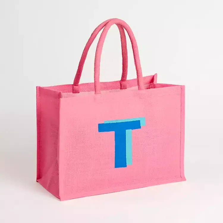 Monogram Seasonal Decor>Kirklands Home Monogram T Jute Tote Bag Pink