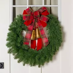 Wreaths>Kirklands Home Plaid Bow and Gold Bells Juniper Wreath