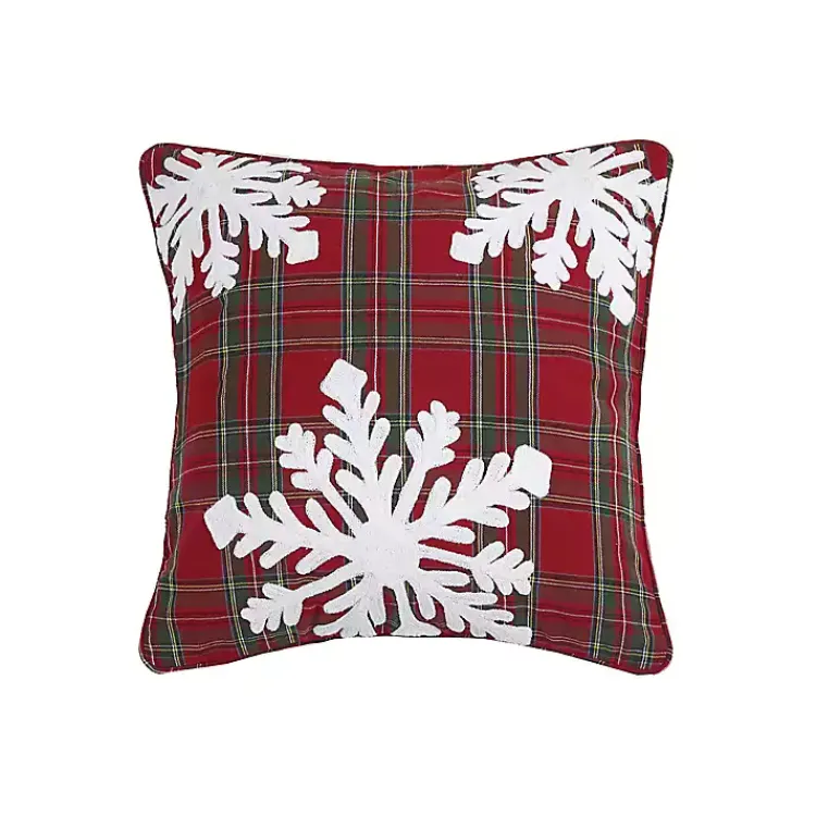 Pillows>Kirklands Home Plaid Embroidered Snowflakes Cotton Throw Pillow