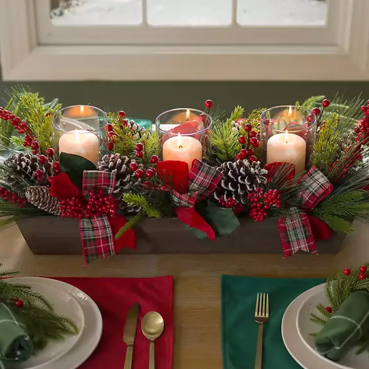 Christmas Centerpieces>Kirklands Home Plaid Ribbon and Berries Candle Centerpiece