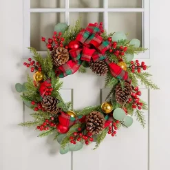 Christmas Wreaths>Kirklands Home Plaid Ribbon and Ornament Christmas Wreath