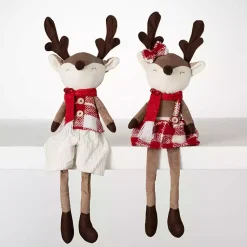 Christmas Decorations>Kirklands Home Plush Reindeer Plaid Shelf Sitters, Set of 2