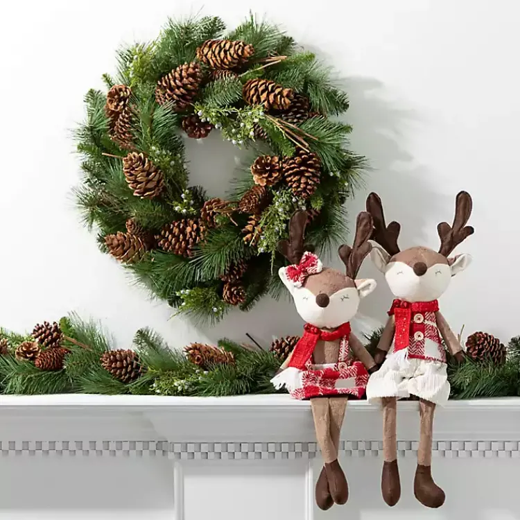 Christmas Decorations>Kirklands Home Plush Reindeer Plaid Shelf Sitters, Set of 2