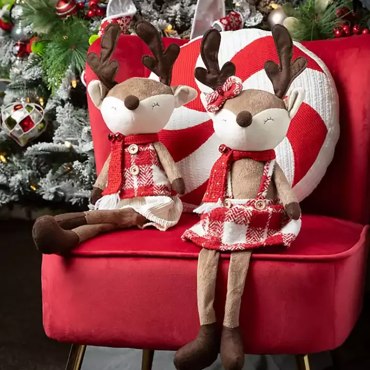 Christmas Decorations>Kirklands Home Plush Reindeer Plaid Shelf Sitters, Set of 2