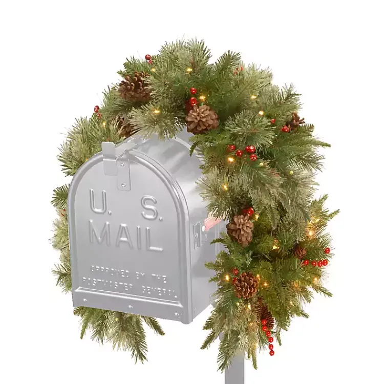 Christmas Arrangements & Garland>Kirklands Home Pre-Lit Berries and Pine Cones Mailbox Swag