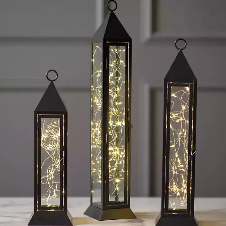 Lanterns>Kirklands Home Pre-Lit Metal Twinkle Lights Lantern, 15 in. Black
