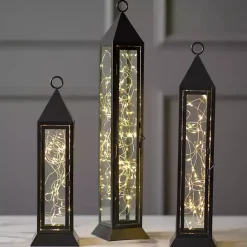 Lanterns>Kirklands Home Pre-Lit Metal Twinkle Lights Lantern, 18 in. Black