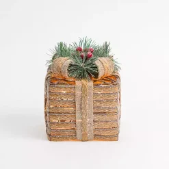 Outdoor Christmas Decorations>Kirklands Home Pre-Lit Braided Burlap Christmas Gift Box, 6 in. Tan