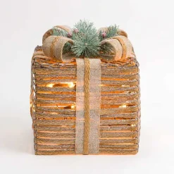 Outdoor Christmas Decorations>Kirklands Home Pre-Lit Braided Burlap Christmas Gift Box, 10 in. Tan