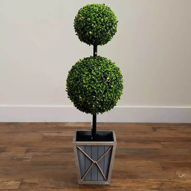Trees & Topiaries>Kirklands Home Pre-Lit Double Boxwood Topiary in Planter, 3 ft.