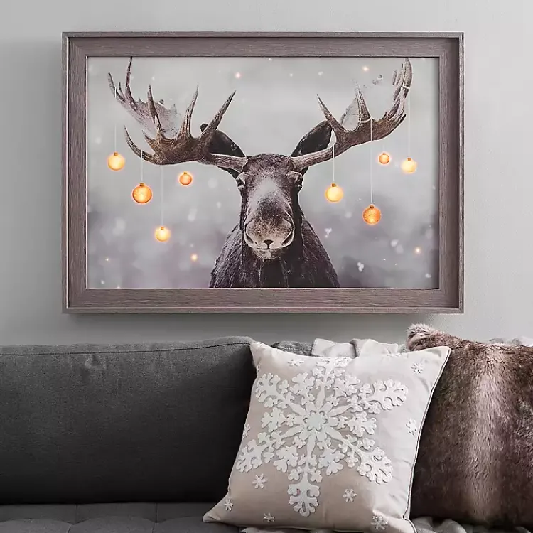 Christmas Art & Wall Decor>Kirklands Home Pre-Lit Elmer the Moose Framed Canvas Art Print Brown