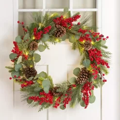 Wreaths>Kirklands Home Pre-Lit Eucalyptus and Red Berry Wreath