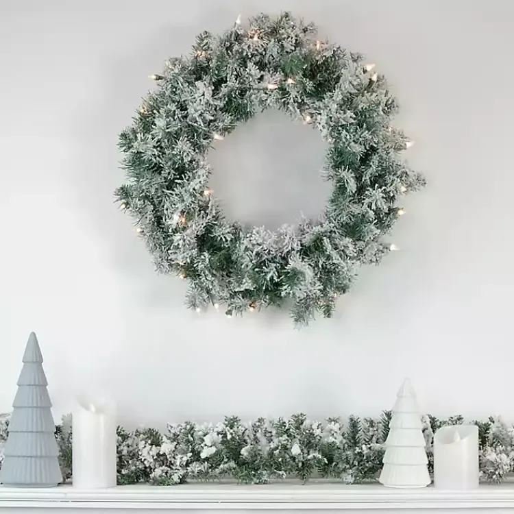 Christmas Wreaths>Kirklands Home Pre-lit Flocked Artificial Pine Wreath