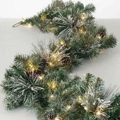 Christmas Arrangements & Garland>Kirklands Home Pre-Lit Flocked Mixed Pine and Pinecone Garland Green