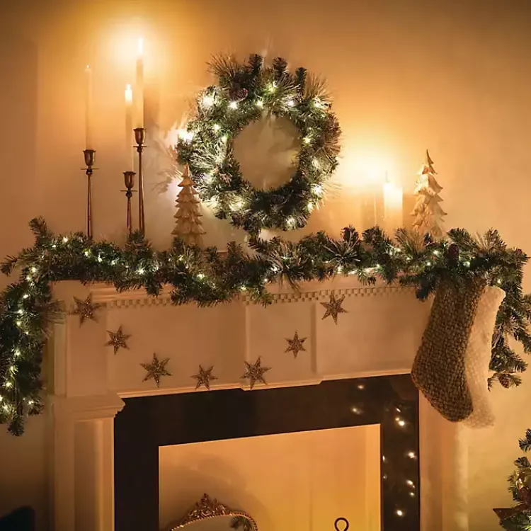 Christmas Arrangements & Garland>Kirklands Home Pre-Lit Flocked Mixed Pine and Pinecone Garland Green