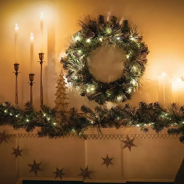 Christmas Arrangements & Garland>Kirklands Home Pre-Lit Flocked Mixed Pine and Pinecone Garland Green