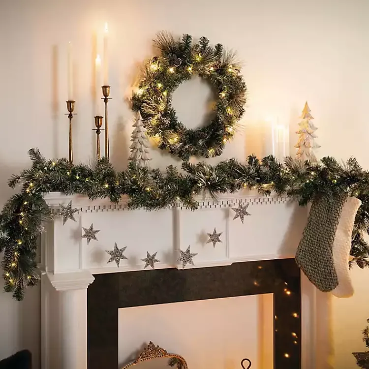 Christmas Arrangements & Garland>Kirklands Home Pre-Lit Flocked Mixed Pine and Pinecone Garland Green