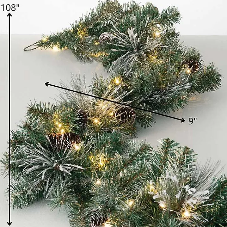 Christmas Arrangements & Garland>Kirklands Home Pre-Lit Flocked Mixed Pine and Pinecone Garland Green