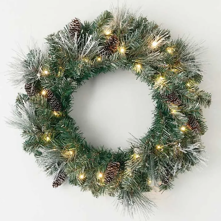 Christmas Wreaths>Kirklands Home Pre-Lit Frosted Pine and Pinecone Christmas Wreath