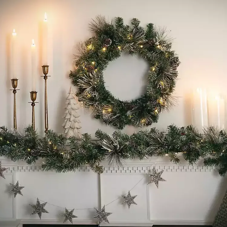 Christmas Wreaths>Kirklands Home Pre-Lit Frosted Pine and Pinecone Christmas Wreath