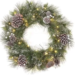 Christmas Wreaths>Kirklands Home Pre-lit Frosted White Berry and Pinecone Wreath Green