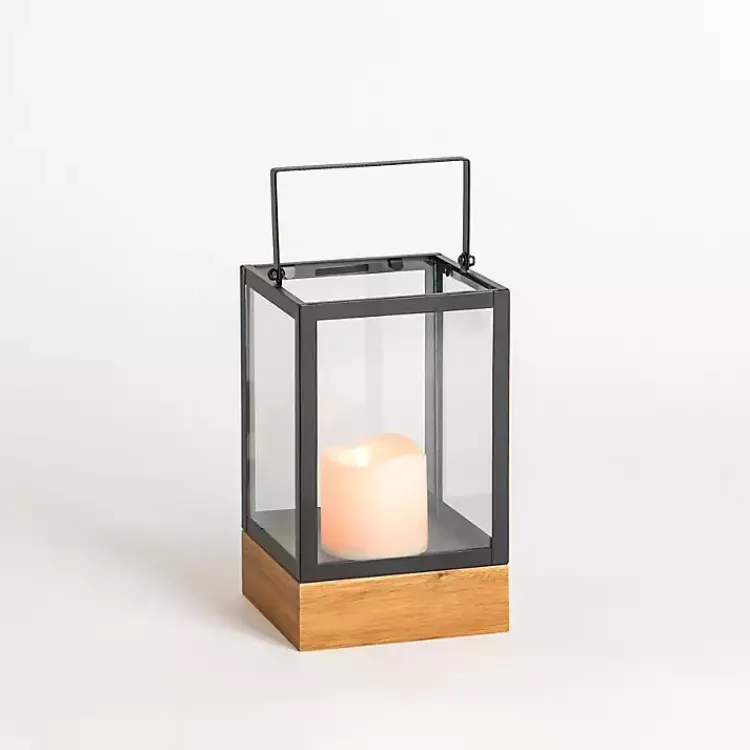 Lanterns>Kirklands Home Pre-Lit Glass Lantern with Wood Base, 10 in.