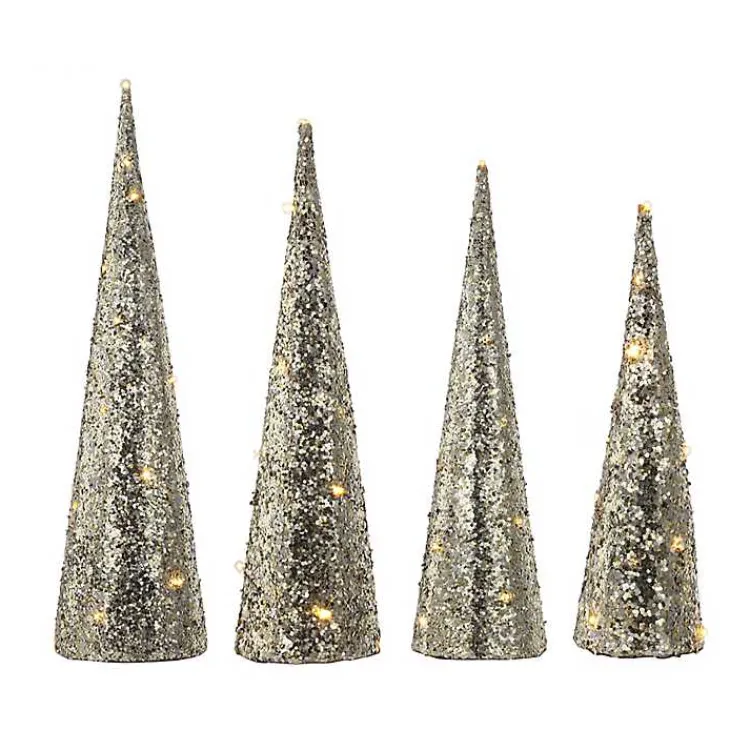 Christmas Decorations>Kirklands Home Pre-Lit Glitter Cone Christmas Trees, Set of 3 Gold