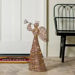 Outdoor Christmas Decorations>Kirklands Home Pre-Lit Glitter Rattan Angel, 24 in. Gold