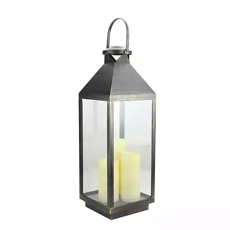 Lanterns>Kirklands Home Pre-Lit Gold Brushed Candle Lantern Black