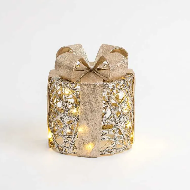 Outdoor Christmas Decorations>Kirklands Home Pre-Lit Glitter Christmas Gift Box, 6 in. Gold