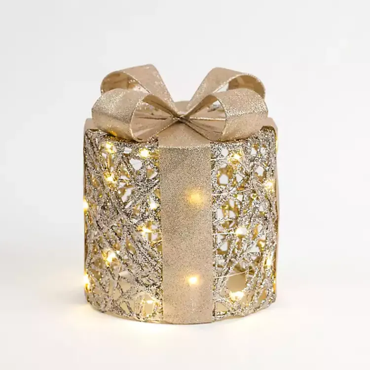 Outdoor Christmas Decorations>Kirklands Home Pre-Lit Glitter Christmas Gift Box, 8 in. Gold