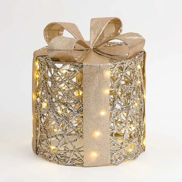 Outdoor Christmas Decorations>Kirklands Home Pre-Lit Glitter Christmas Gift Box, 10 in. Gold