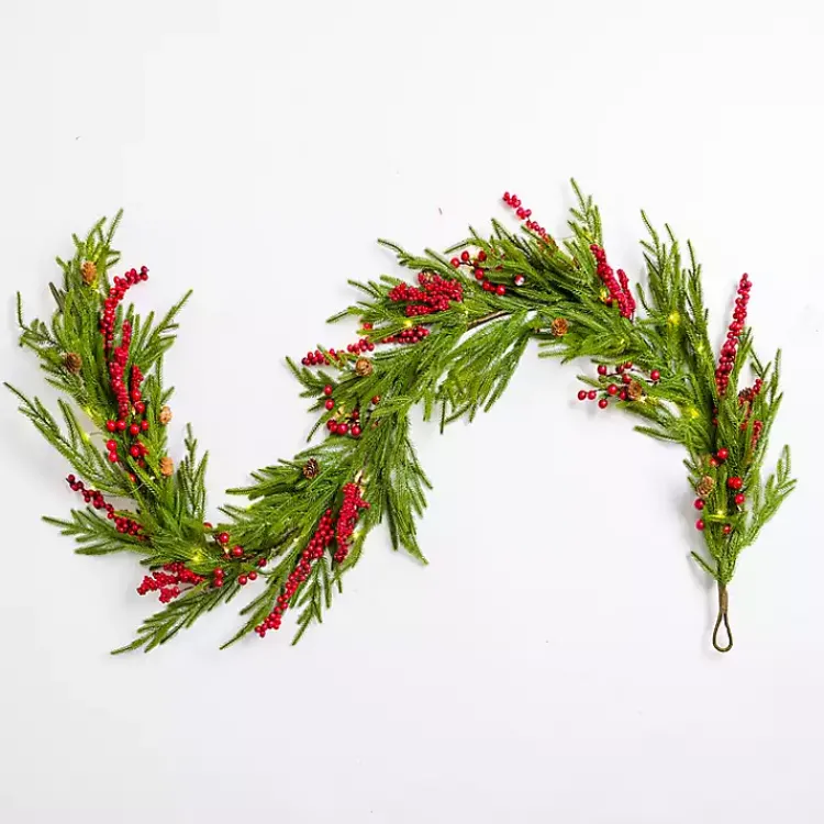 Christmas Arrangements & Garland>Kirklands Home Pre-Lit Norfolk Red Berry Garland Green