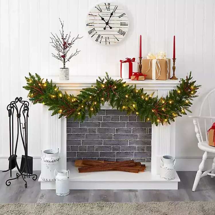 Christmas Arrangements & Garland>Kirklands Home Pre-Lit Pine and Berry Garland Green