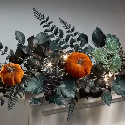Halloween>Kirklands Home Pre-Lit Pumpkin and Black Leaf Garland