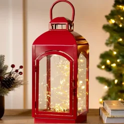 Christmas Decorations>Kirklands Home Pre-Lit Metal Twinkle Lights Lantern, 16 in. Red