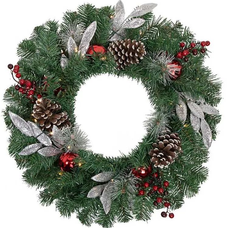 Christmas Wreaths>Kirklands Home Pre-Lit Silver Leaf and Pine Wreath Green