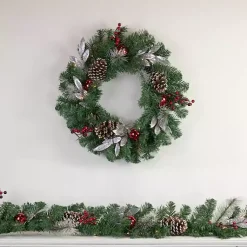 Christmas Wreaths>Kirklands Home Pre-Lit Silver Leaf and Pine Wreath Green