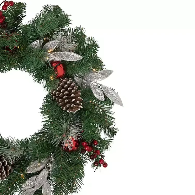 Christmas Wreaths>Kirklands Home Pre-Lit Silver Leaf and Pine Wreath Green