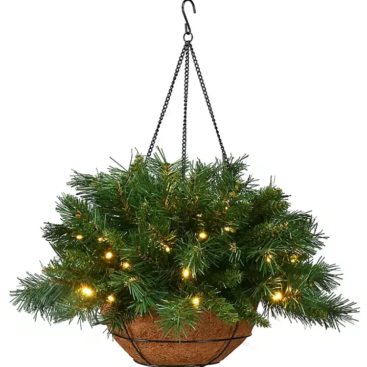 Christmas Arrangements & Garland>Kirklands Home Pre-Lit Tiffany Fir Christmas Hanging Basket Green