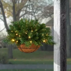 Christmas Arrangements & Garland>Kirklands Home Pre-Lit Tiffany Fir Christmas Hanging Basket Green